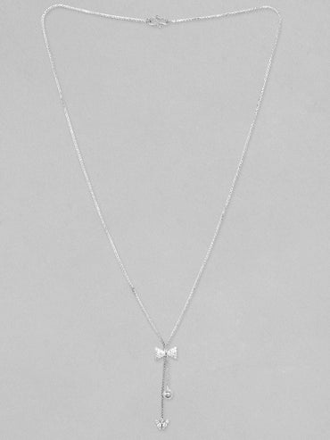 Rubans Rhodium Plated, Minimal Chain Bow Motif Zircons Studded Drop Necklace. Chain & Necklaces