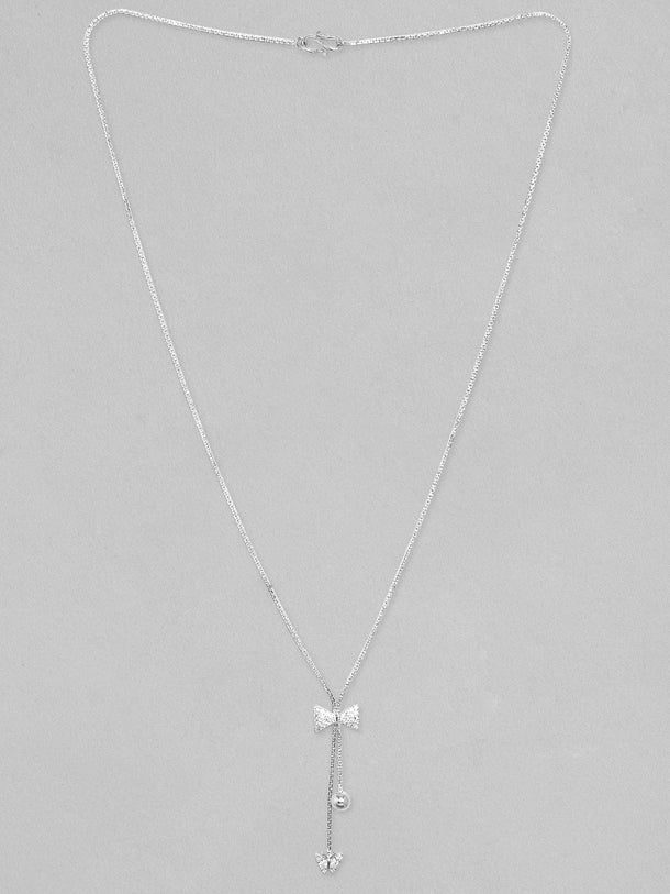 Rubans Rhodium Plated, Minimal Chain Bow Motif Zircons Studded Drop Necklace. Chain & Necklaces