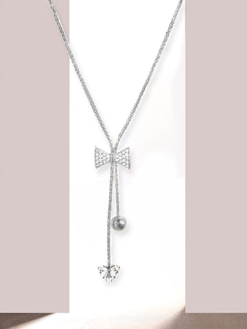 Rubans Rhodium Plated, Minimal Chain Bow Motif Zircons Studded Drop Necklace. Chain & Necklaces