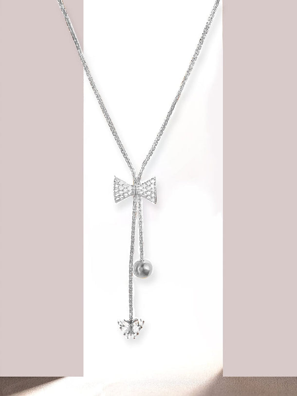 Rubans Rhodium Plated, Minimal Chain Bow Motif Zircons Studded Drop Necklace. Chain & Necklaces