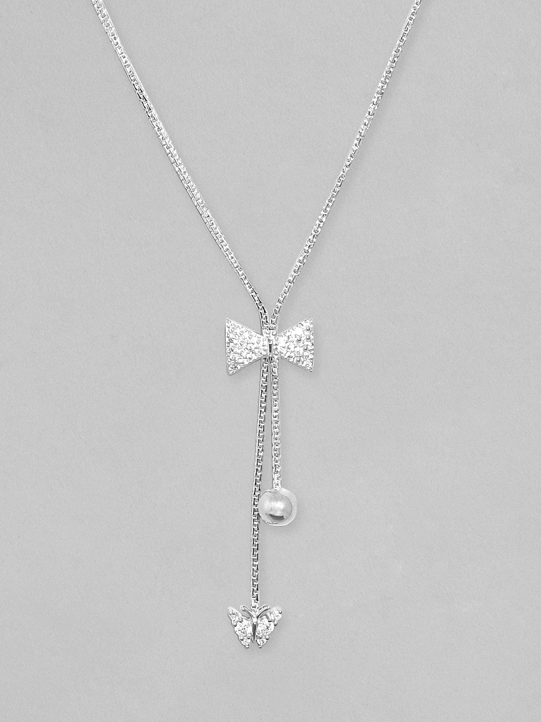Rubans Rhodium Plated, Minimal Chain Bow Motif Zircons Studded Drop Necklace. Chain & Necklaces