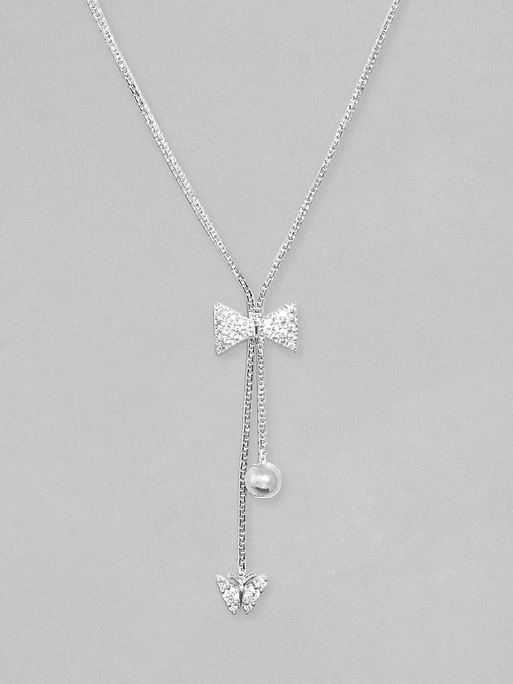 Rubans Rhodium Plated, Minimal Chain Bow Motif Zircons Studded Drop Necklace. Chain & Necklaces