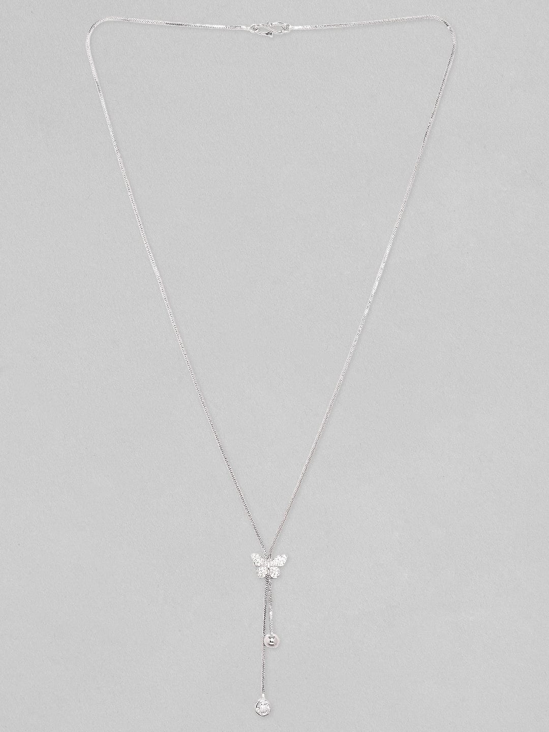 Rubans Rhodium Plated, Minimal Chain Butterfly Motif Zircons Studded Drop Necklace. Chain & Necklaces