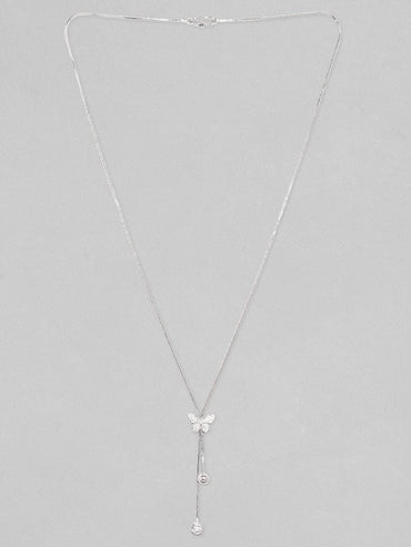 Rubans Rhodium Plated, Minimal Chain Butterfly Motif Zircons Studded Drop Necklace. Chain & Necklaces