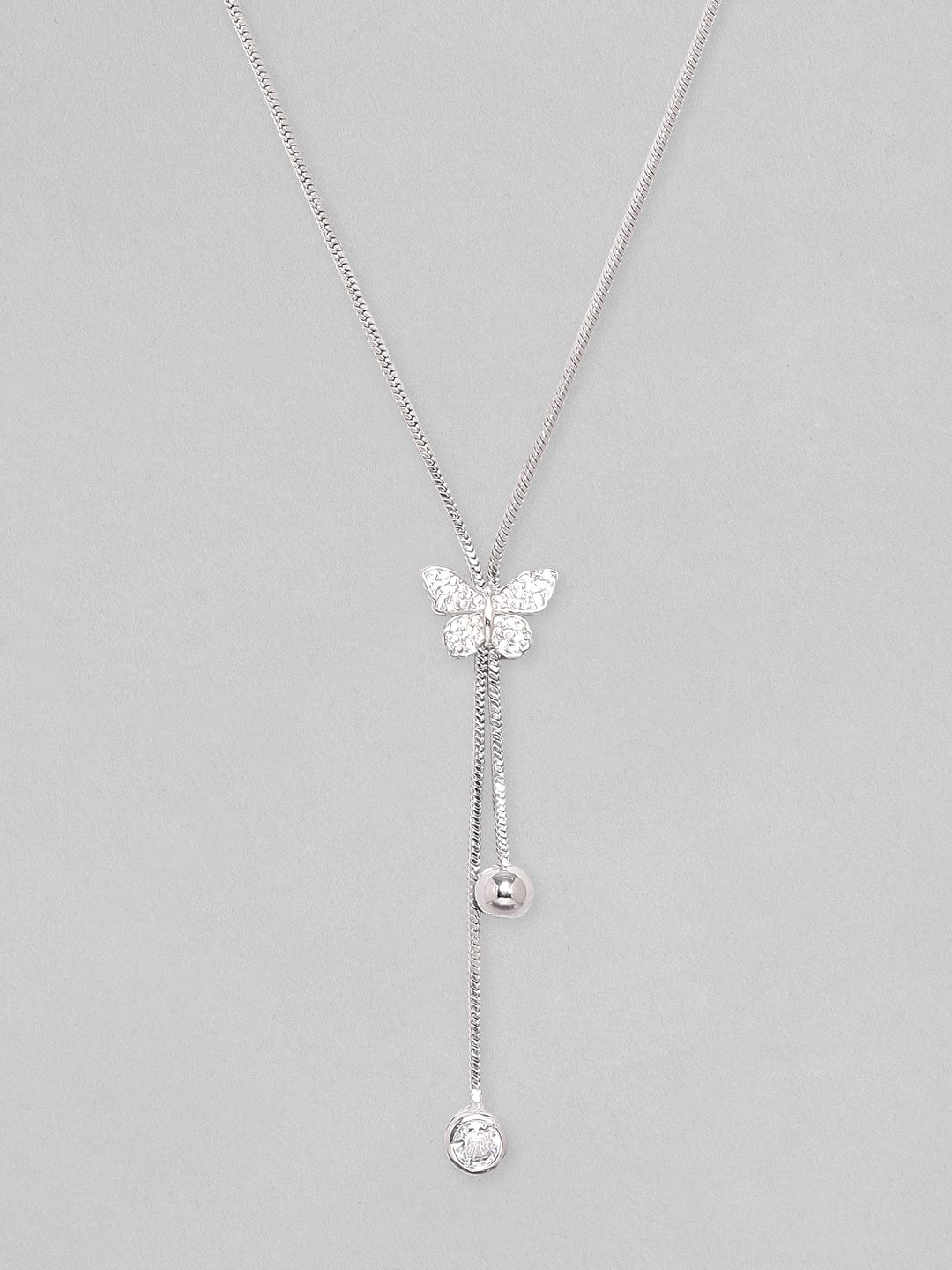 Rubans Rhodium Plated, Minimal Chain Butterfly Motif Zircons Studded Drop Necklace. Chain & Necklaces