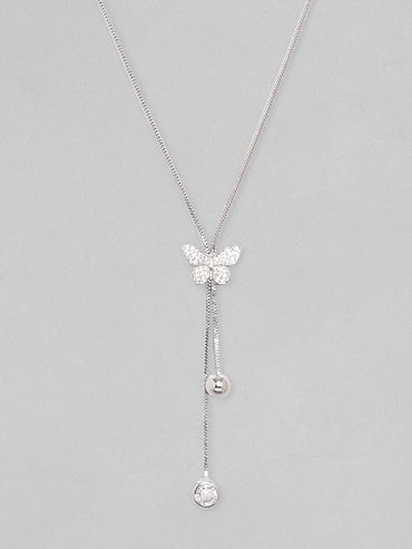 Rubans Rhodium Plated, Minimal Chain Butterfly Motif Zircons Studded Drop Necklace. Chain & Necklaces