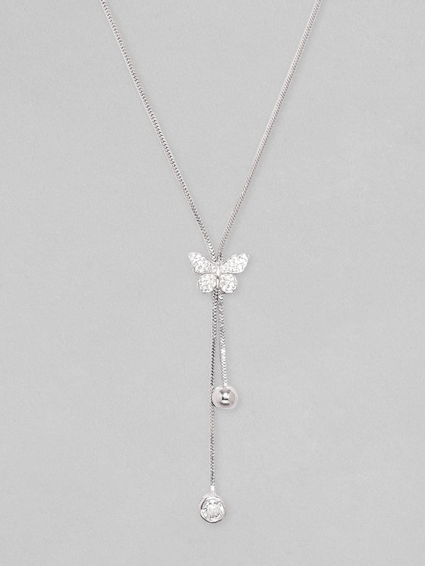 Rubans Rhodium Plated, Minimal Chain Butterfly Motif Zircons Studded Drop Necklace. Chain & Necklaces