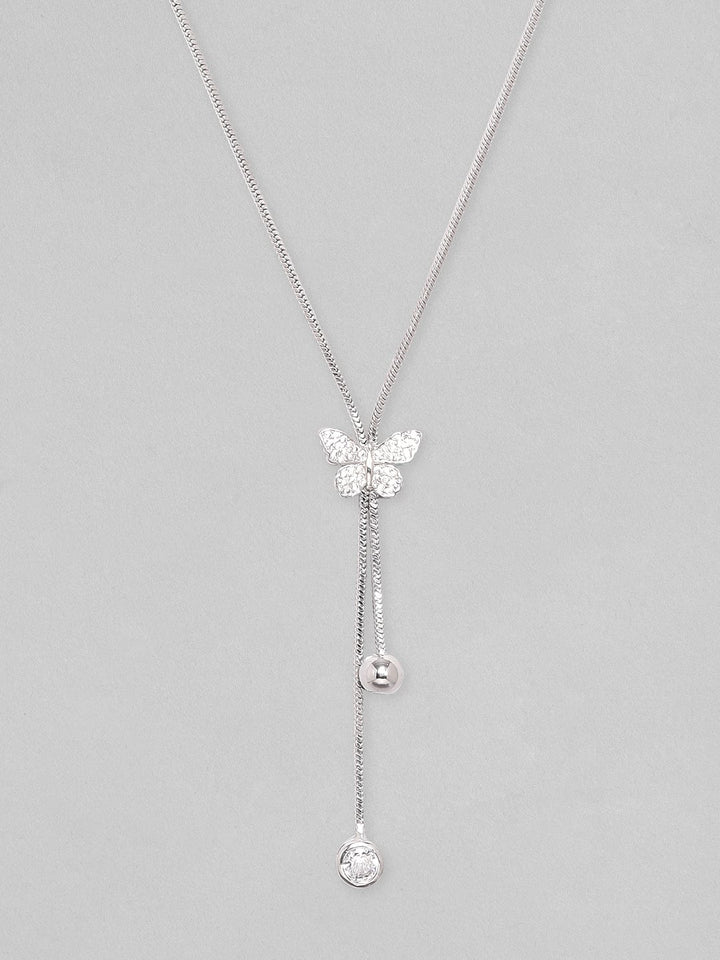 Rubans Rhodium Plated, Minimal Chain Butterfly Motif Zircons Studded Drop Necklace. Chain & Necklaces