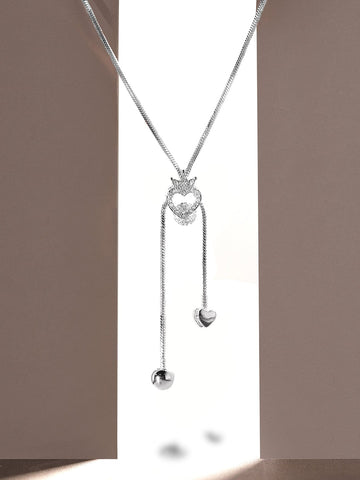 Rubans Rhodium Plated, Minimal Chain Heart Motif Solitaire Zircons Studded Drop Necklace. Chain & Necklaces