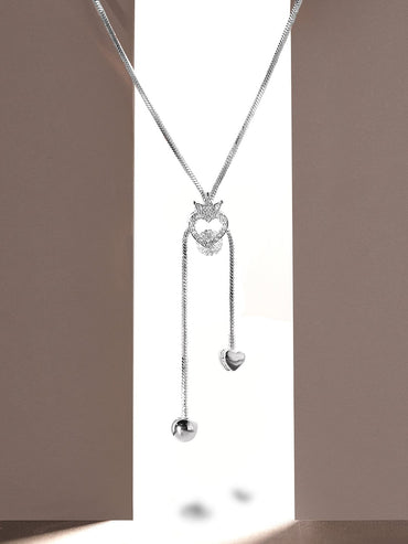 Rubans Rhodium Plated, Minimal Chain Heart Motif Solitaire Zircons Studded Drop Necklace. Chain & Necklaces