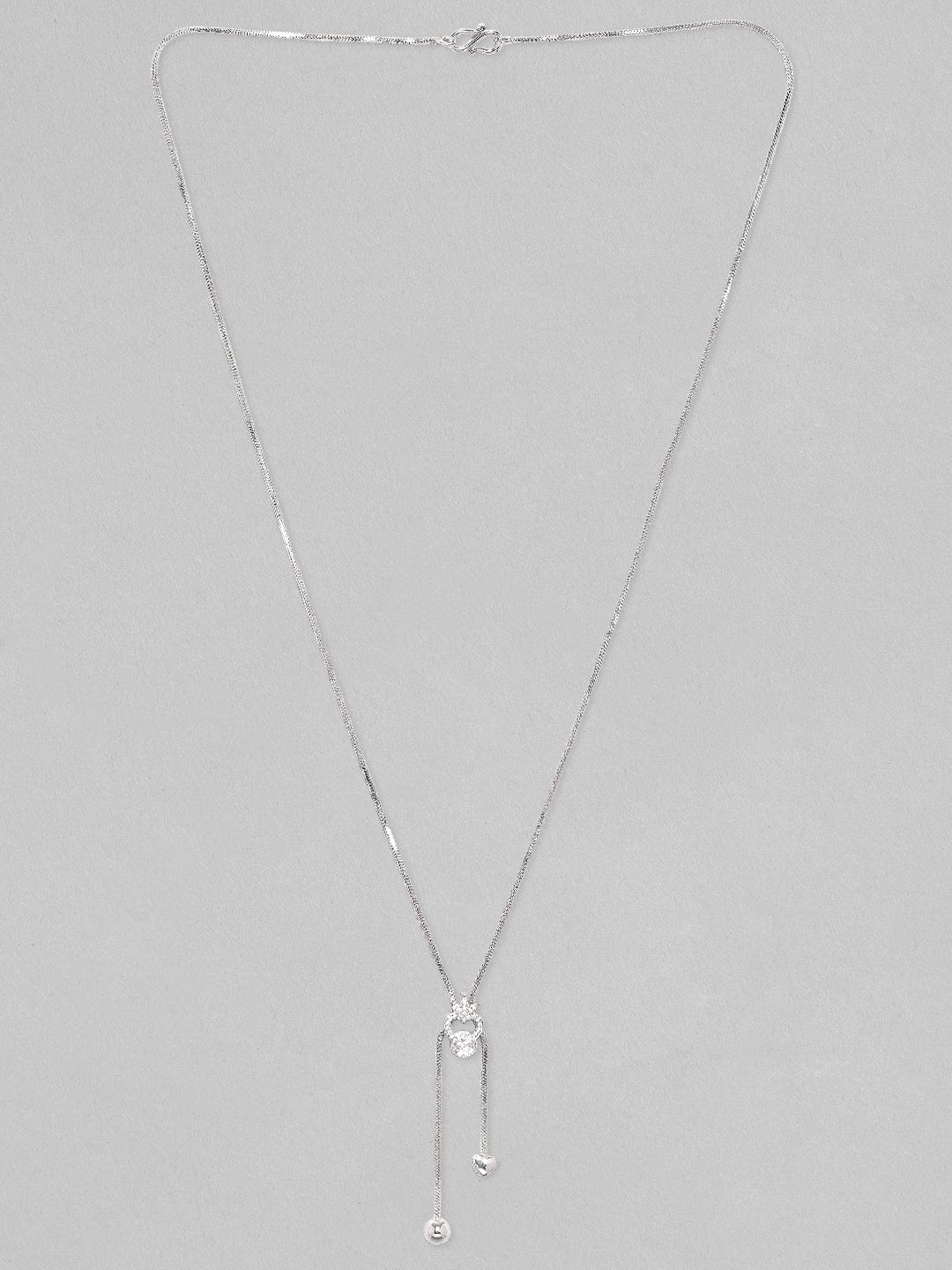 Rubans Rhodium Plated, Minimal Chain Heart Motif Solitaire Zircons Studded Drop Necklace. Chain & Necklaces