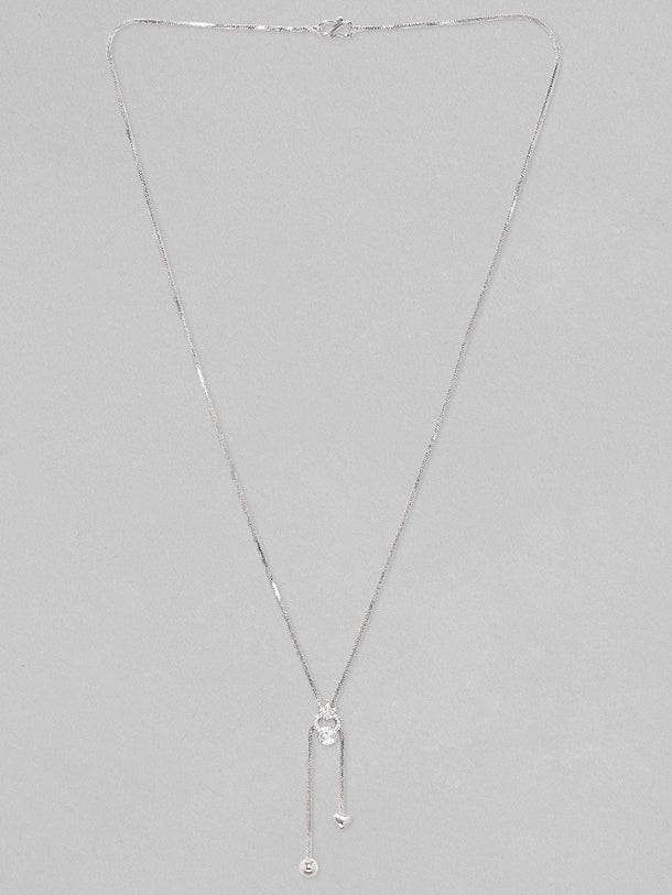 Rubans Rhodium Plated, Minimal Chain Heart Motif Solitaire Zircons Studded Drop Necklace. Chain & Necklaces