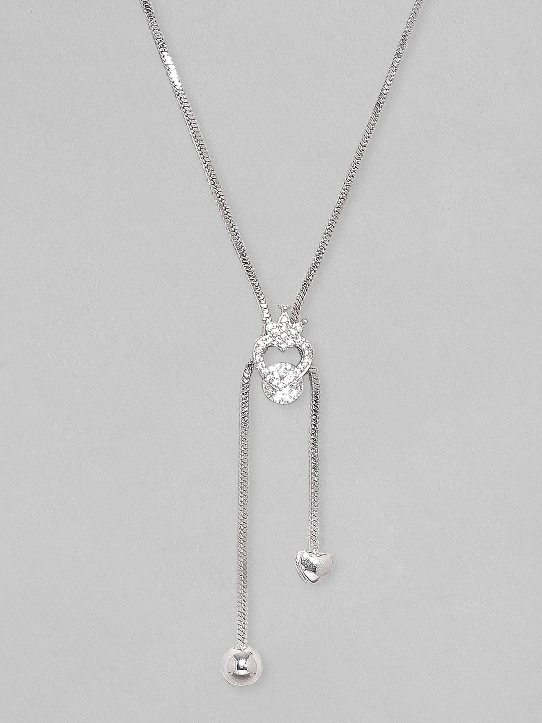 Rubans Rhodium Plated, Minimal Chain Heart Motif Solitaire Zircons Studded Drop Necklace. Chain & Necklaces