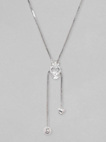 Rubans Rhodium Plated, Minimal Chain Heart Motif Solitaire Zircons Studded Drop Necklace. Chain & Necklaces