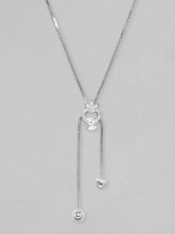 Rubans Rhodium Plated, Minimal Chain Heart Motif Solitaire Zircons Studded Drop Necklace. Chain & Necklaces
