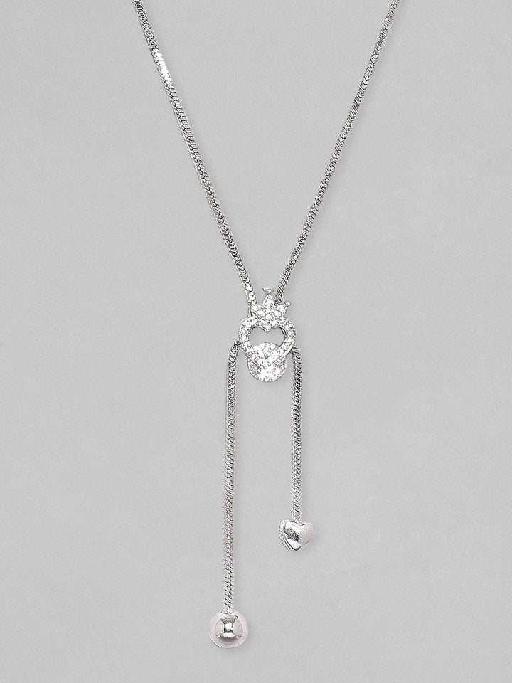 Rubans Rhodium Plated, Minimal Chain Heart Motif Solitaire Zircons Studded Drop Necklace. Chain & Necklaces