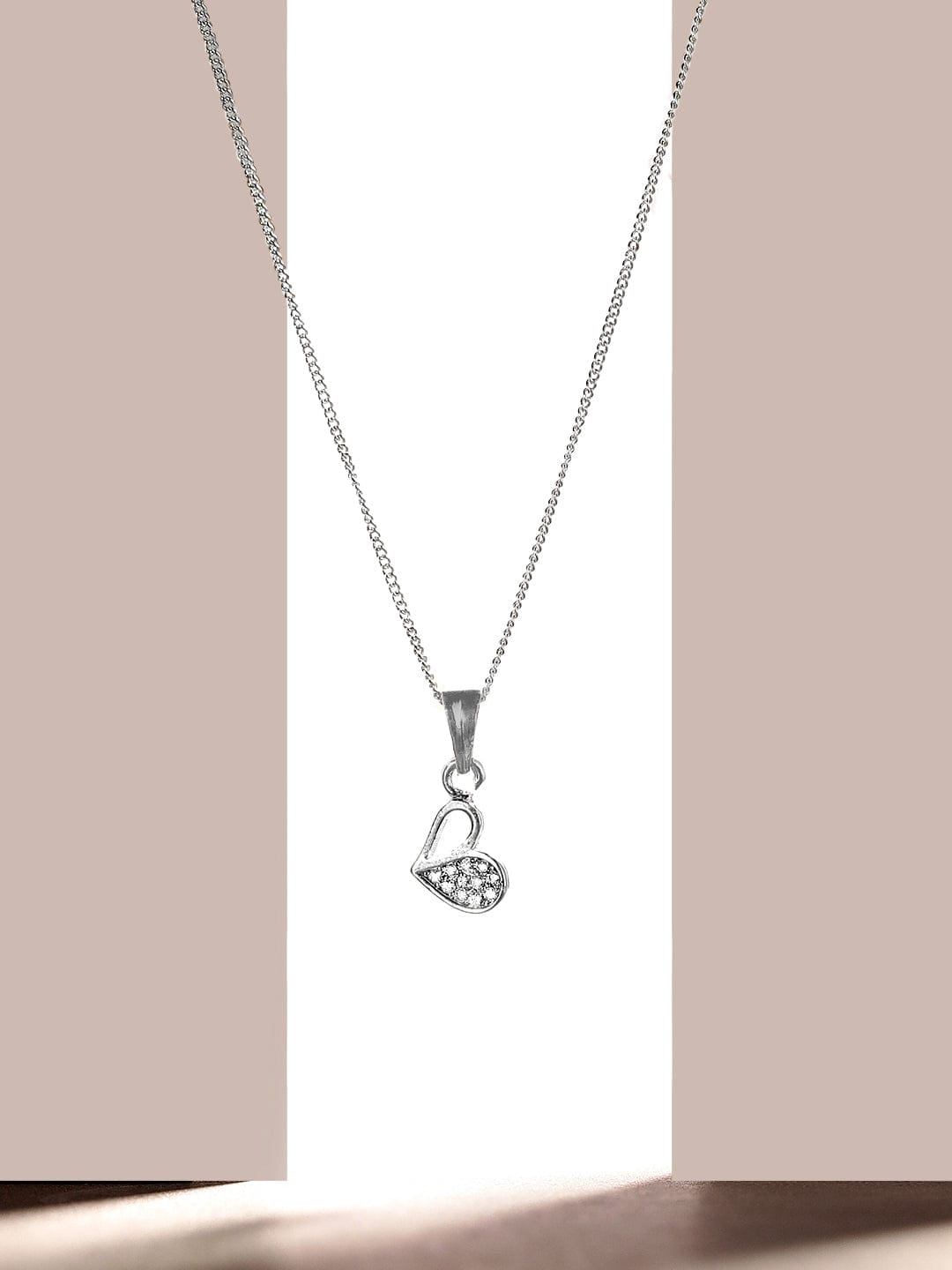 Rubans Rhodium Plated, Minimal Chain Heart Motif Zircons Studded Necklace. Chain & Necklaces