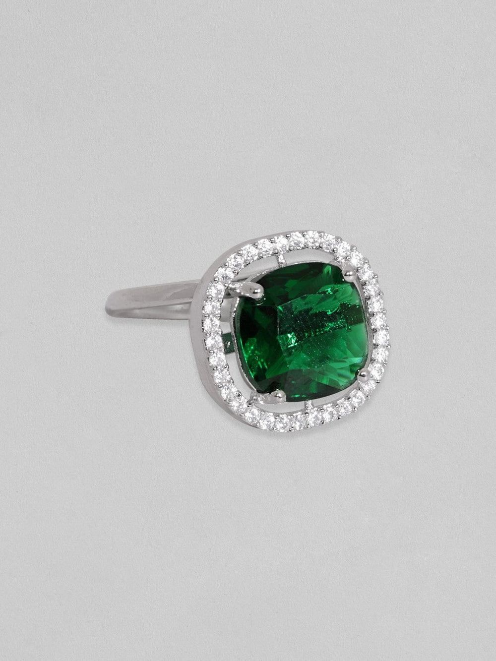 Rubans Rhodium Plated Premium Emerald Solitaire Zircons Adjustable Ring Rings