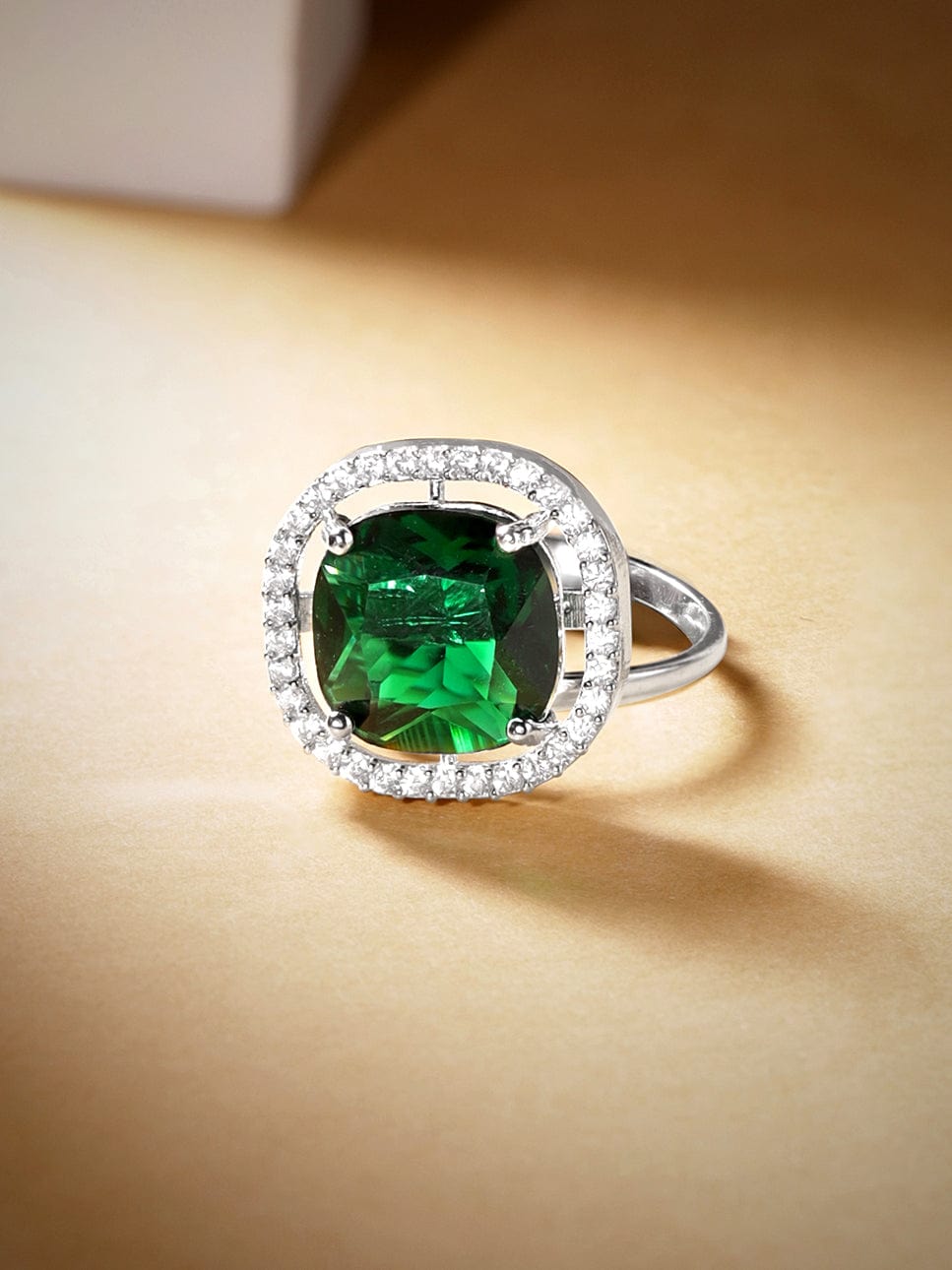 Rubans Rhodium Plated Premium Emerald Solitaire Zircons Adjustable Ring Rings