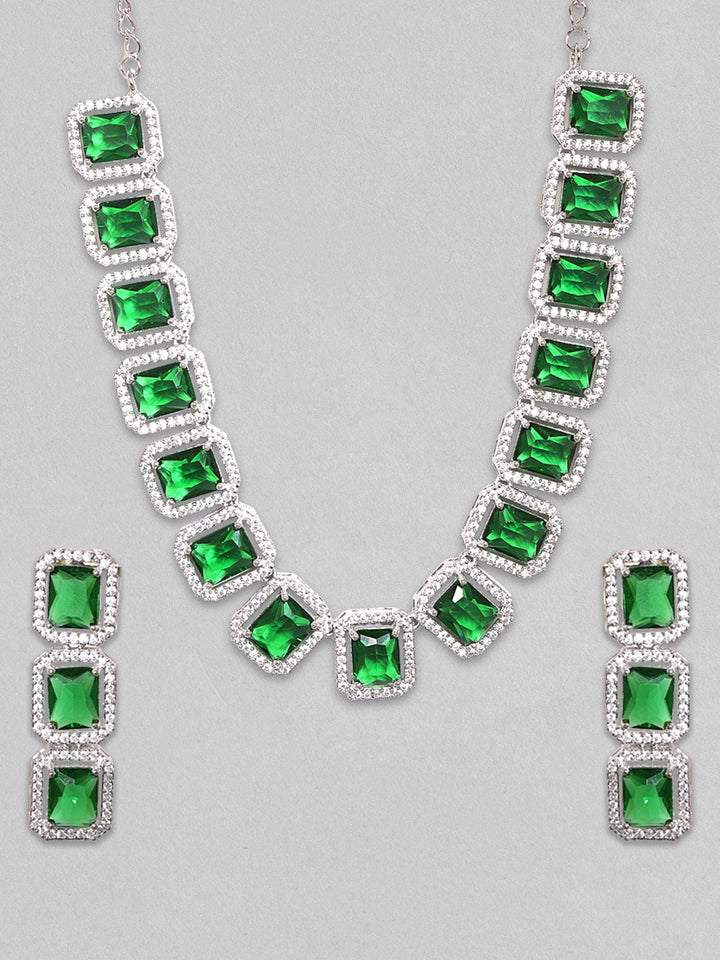Rubans Rhodium Plated Premium White & Emerald Solitaire Zircons Necklace Set Necklace Set
