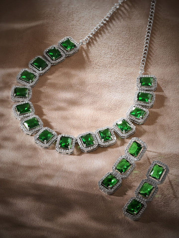 Rubans Rhodium Plated Premium White & Emerald Solitaire Zircons Necklace Set Necklace Set