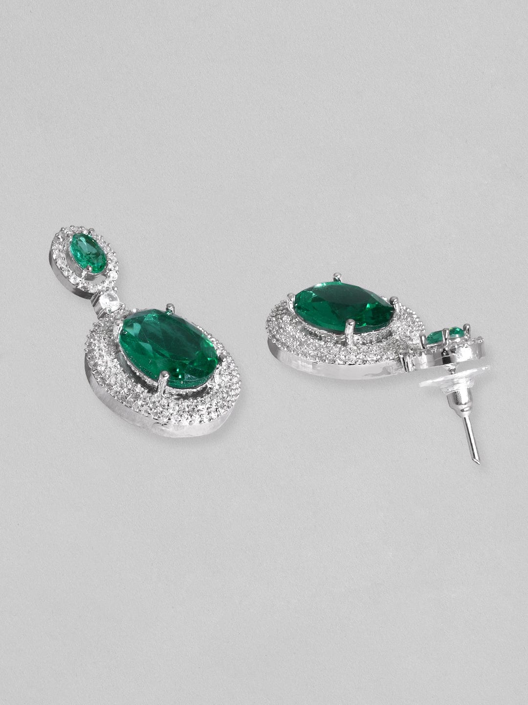 Rubans Rhodium Plated Premium White & Emerald Solitaire Zircons Pendant Necklace Set Necklace Set
