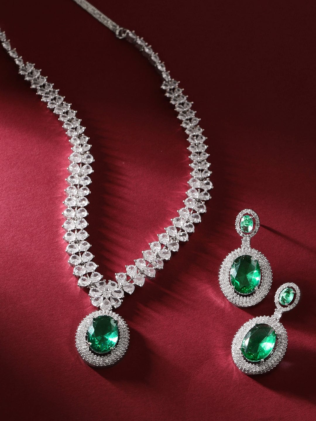Rubans Rhodium Plated Premium White & Emerald Solitaire Zircons Pendant Necklace Set Necklace Set