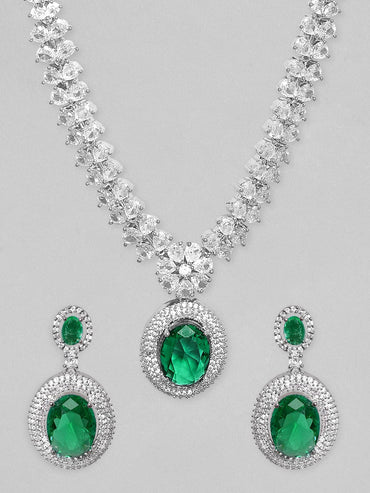 Rubans Rhodium Plated Premium White & Emerald Solitaire Zircons Pendant Necklace Set Necklace Set