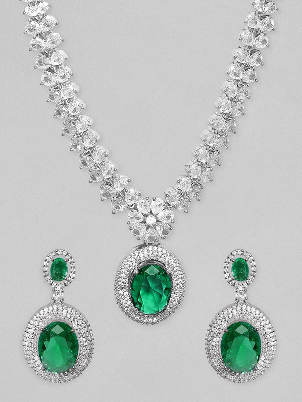 Rubans Rhodium Plated Premium White & Emerald Solitaire Zircons Pendant Necklace Set Necklace Set