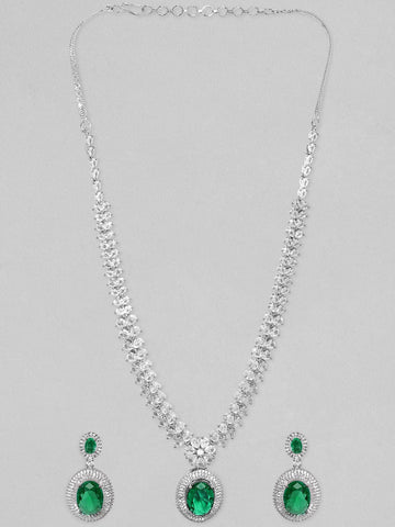Rubans Rhodium Plated Premium White & Emerald Solitaire Zircons Pendant Necklace Set Necklace Set
