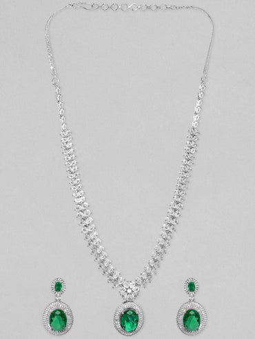 Rubans Rhodium Plated Premium White & Emerald Solitaire Zircons Pendant Necklace Set Necklace Set