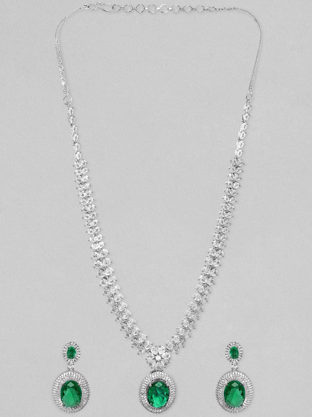 Rubans Rhodium Plated Premium White & Emerald Solitaire Zircons Pendant Necklace Set Necklace Set