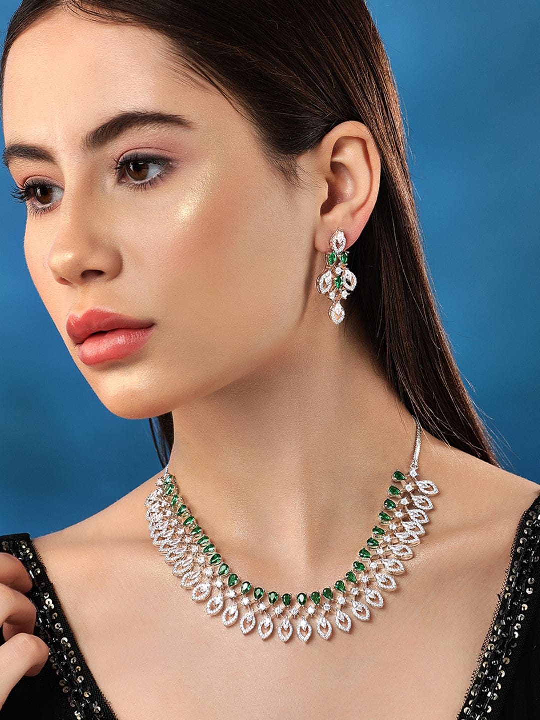 Rubans Rhodium-Plated Premium White & Green Zircons Studded Party Wear Statement Jewellery Set Necklace Set