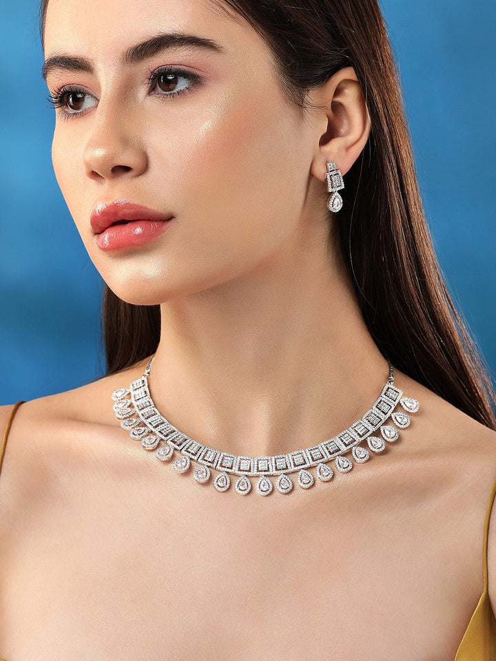 Rubans Rhodium-Plated Premium White Pear & Round Zircons Studded Patterned Statement Jewellery Set Necklace Set