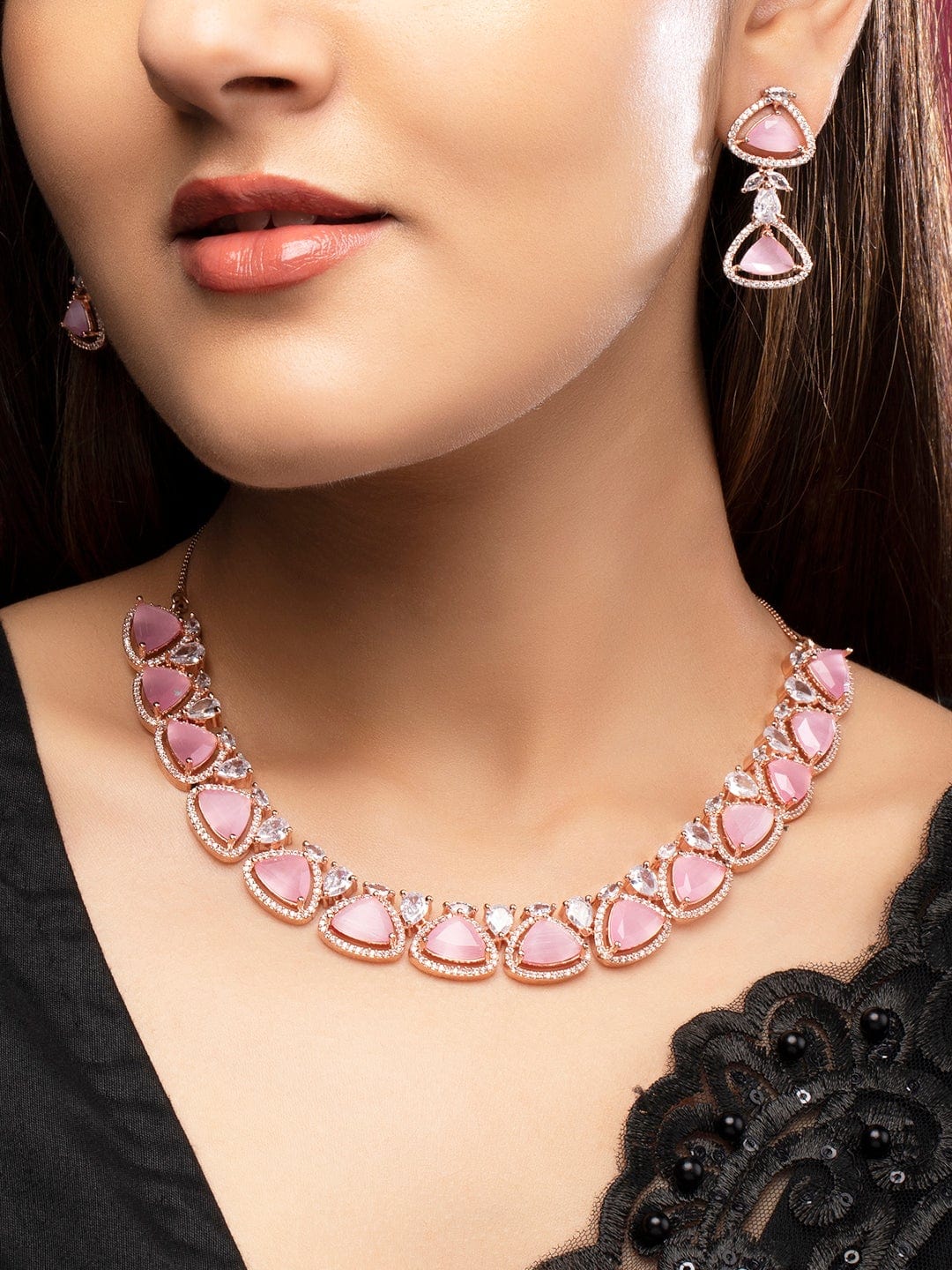 Rubans Rose Gold Plated Crystal & AD Studded Necklace Set Necklace Set
