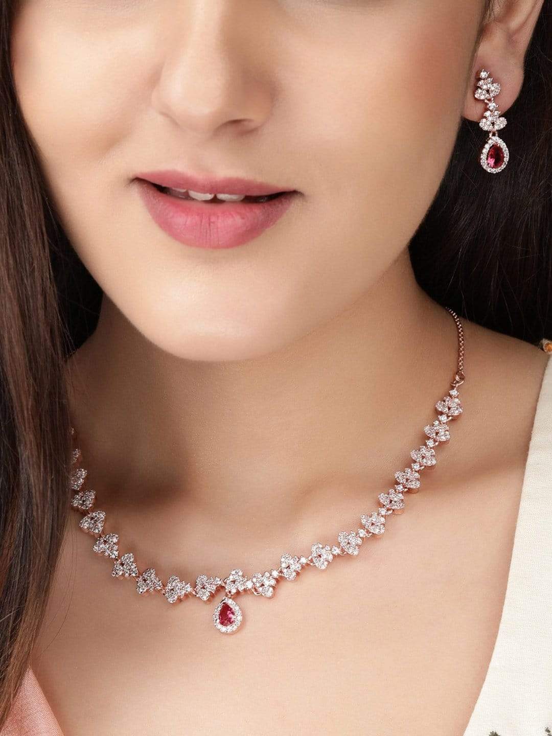 Rubans Rose Gold Plated Necklace Set in CZ and Pink Stones Necklace Set