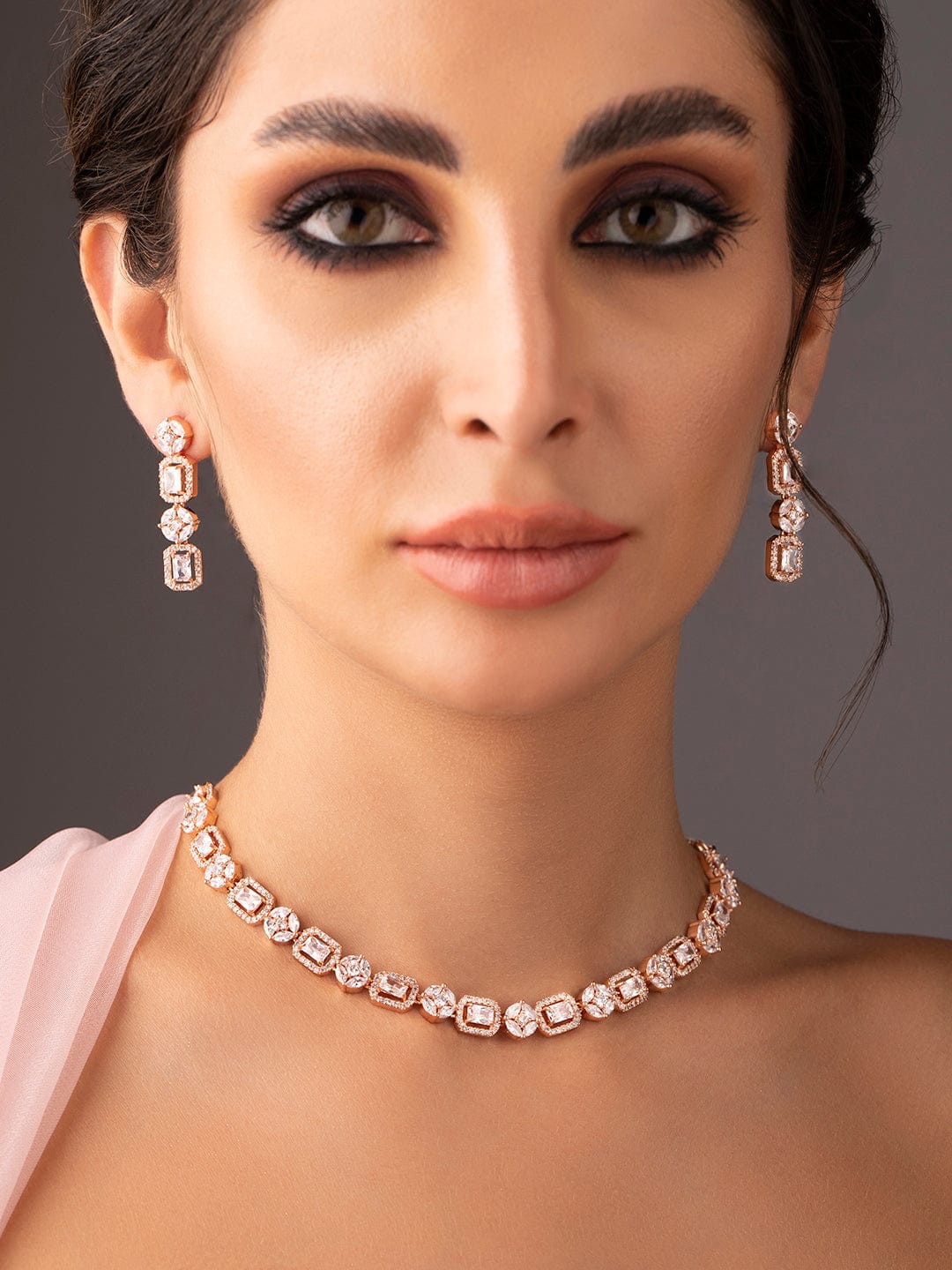 Rubans 18K Rose Gold-Plated White Cubic Zirconia Studded Jewellery Set