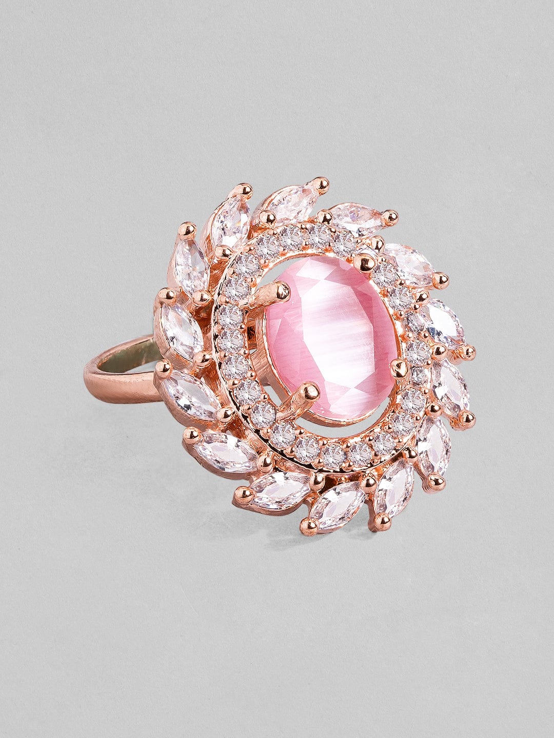 Rubans Rose Gold Plated Pastel Pink & Zirconia Stone Studded Ring. Rings