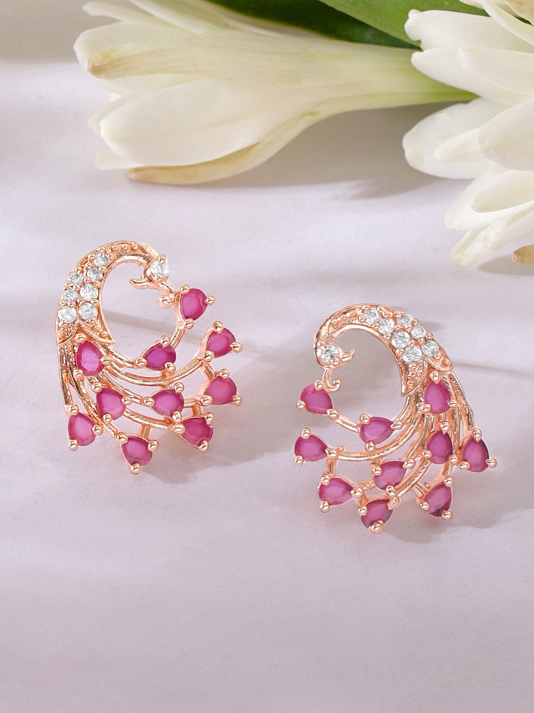 Rubans Rose-Gold Plated Peacock Shaped Ruby Studded Earrings Earrings