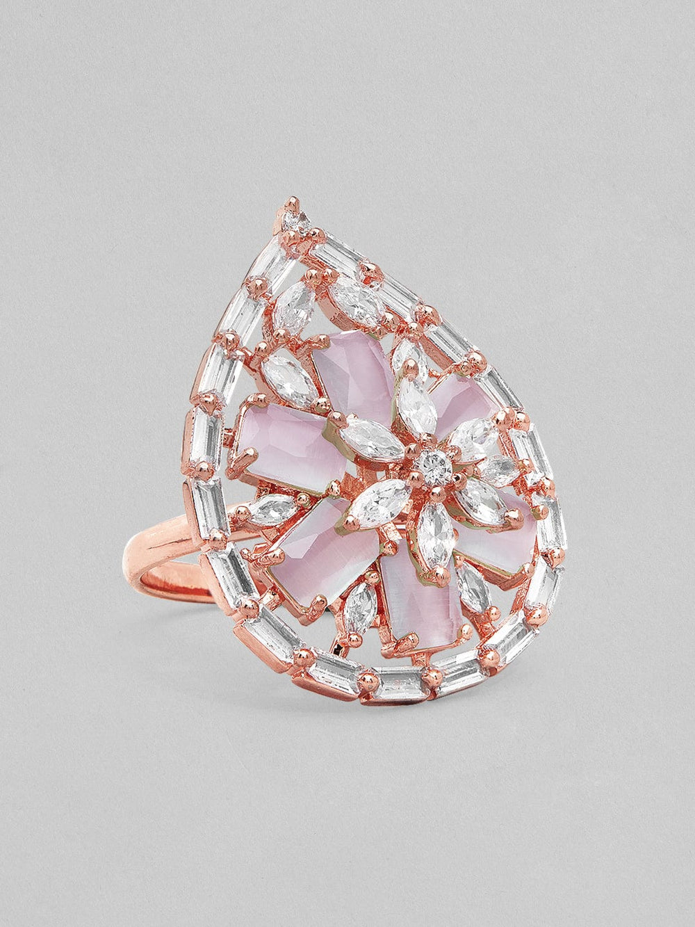 Rubans Rose Gold-Plated Pink & White AD-Studded Handcrafted Adjustable Finger Ring Rings