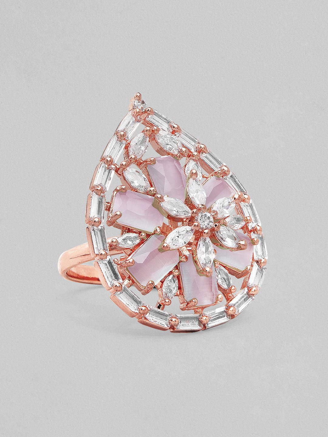 Rubans Rose Gold-Plated Pink & White AD-Studded Handcrafted Adjustable Finger Ring Rings