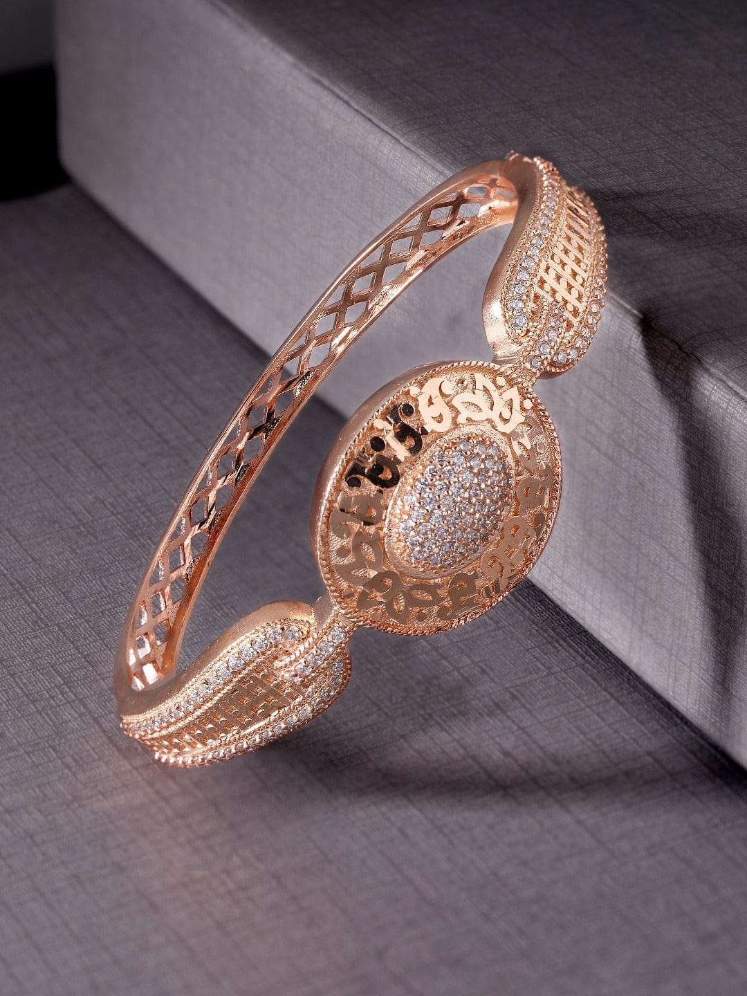 Rubans Rose Gold-Plated White CZ Studded Filigree Handcrafted Bangle-Style Bracelet Bangles & Bracelets