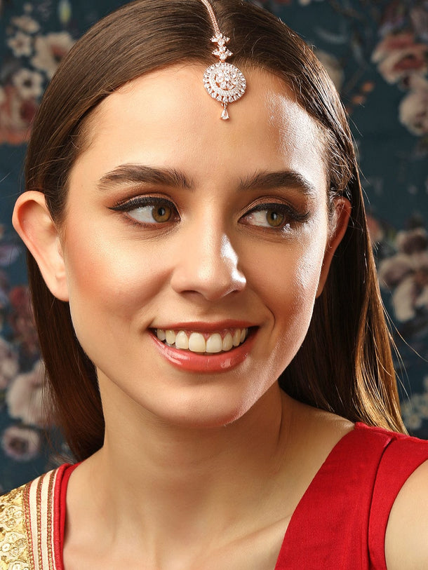 Rubans Rose Gold-Plated White Stoned Round Shapped AD-Studded MaangTikka Maang Tikka