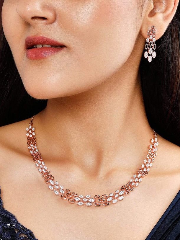 Rubans Rose Gold Plated Zirconia Stone Studded Handcrafted Necklace Set. Necklace Set