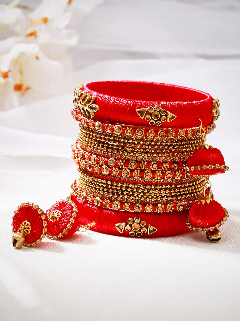 Rubans Set of 18 Red  Golden Thread Handcrafted Bangles Bangles & Bracelets