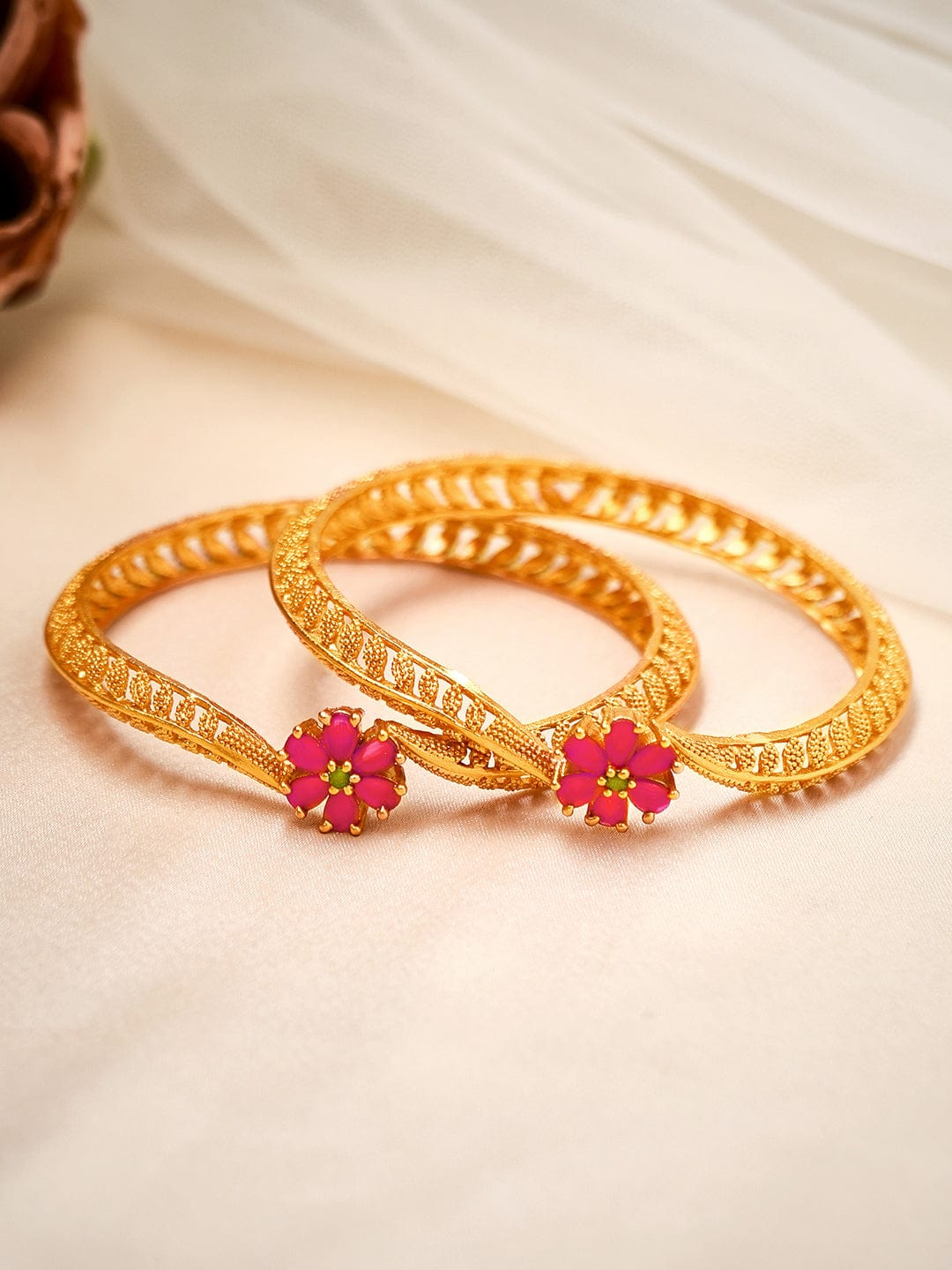 Rubans Set Of 2 24K Gold-Plated Handcrafted Ruby-Studded Bangles Bangles & Bracelets