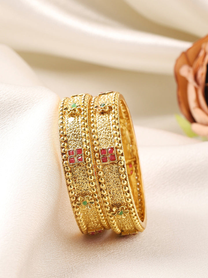 Rubans Set of 2 24K Gold-Plated Red & Green Ruby Stone-Studded Filigree Handcrafted Bangles Bangles & Bracelets