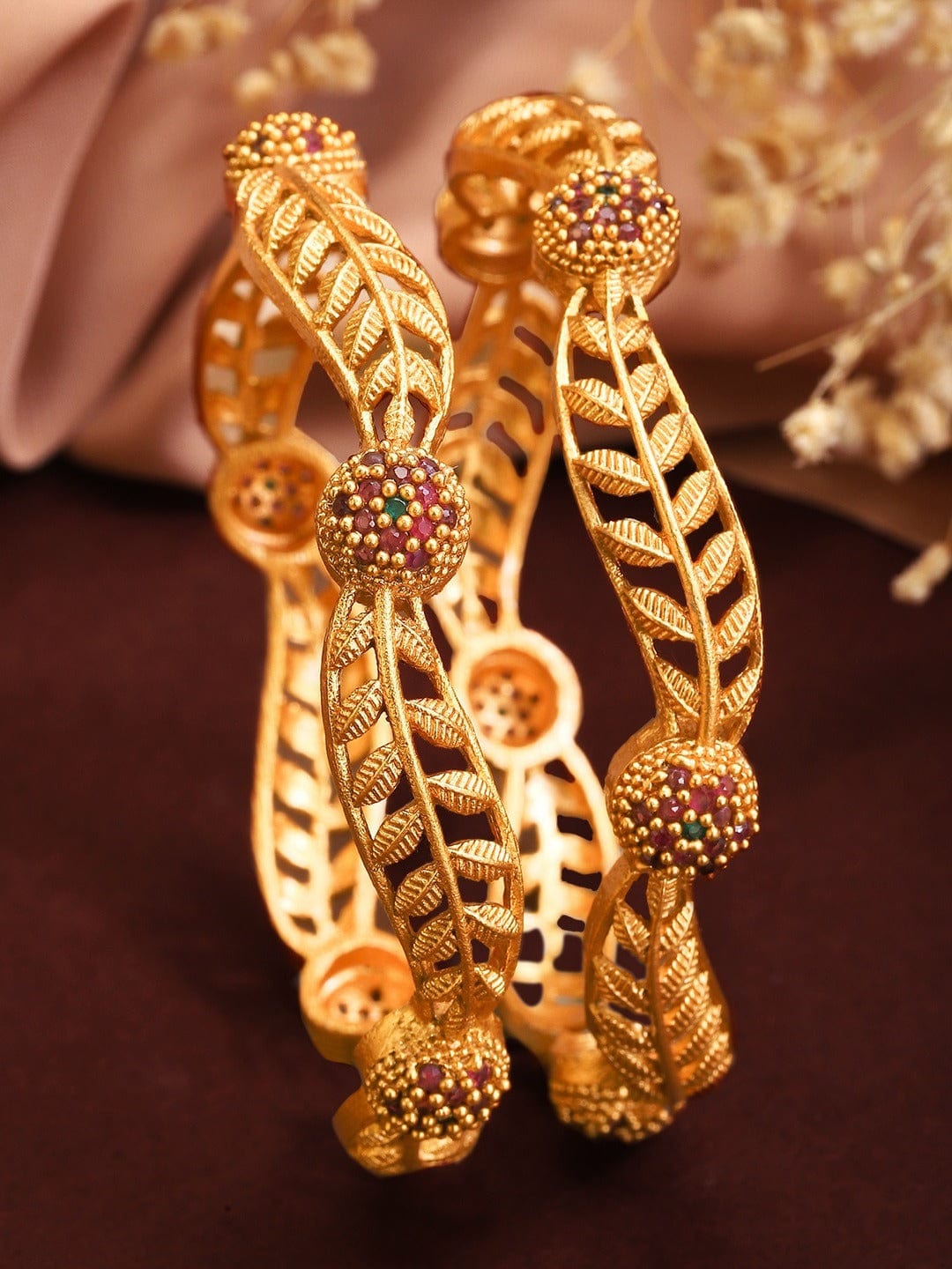 Rubans Set of 2 Gold-Plated Pink Studded Bangles Bangles & Bracelets