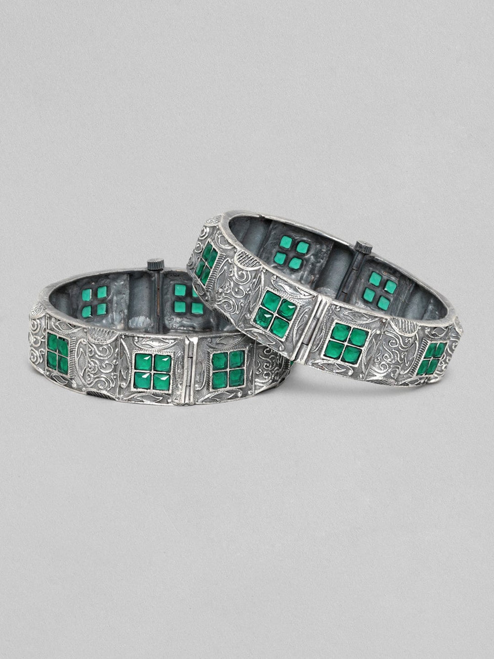 Rubans Set Of 2 Silver Oxidised Bangles With Green Stones And Elegat Design Bangles & Bracelets