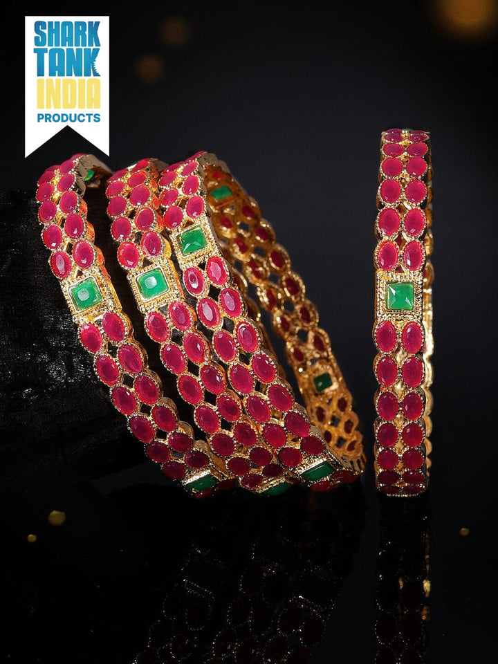 Rubans Set Of Two 22K Gold-Plated Pink & Green Stone-Studded Sustainable Handcrafted Bangles Bangles & Bracelets